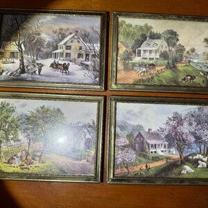 Set of 4 vintage metal-framed Currier and Ives prints, circa 1950 or so